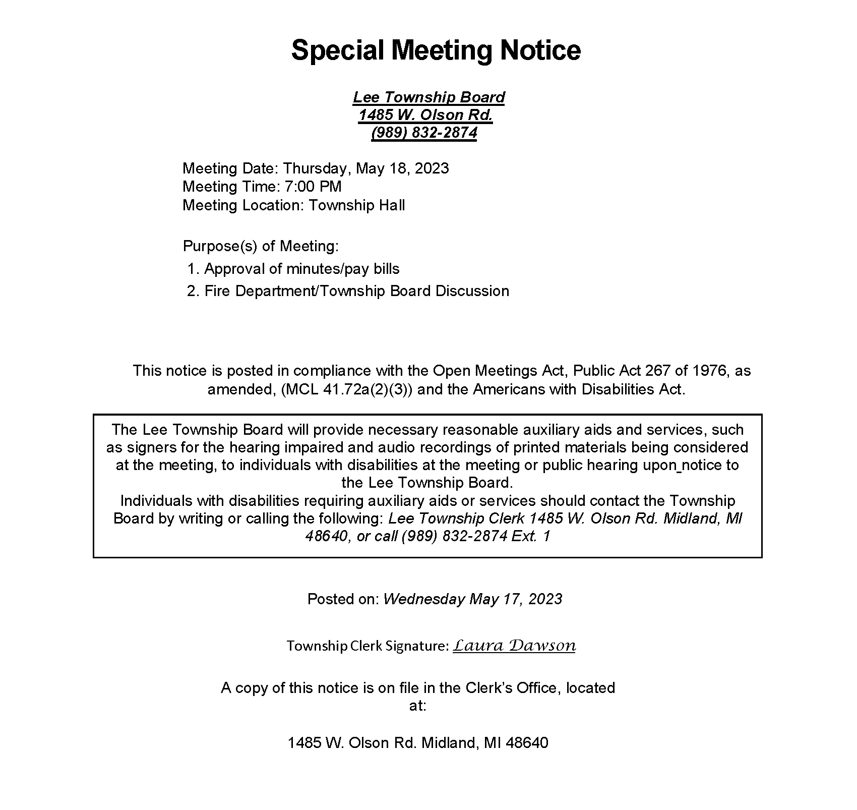 Special Meeting Notice May 18, 2023