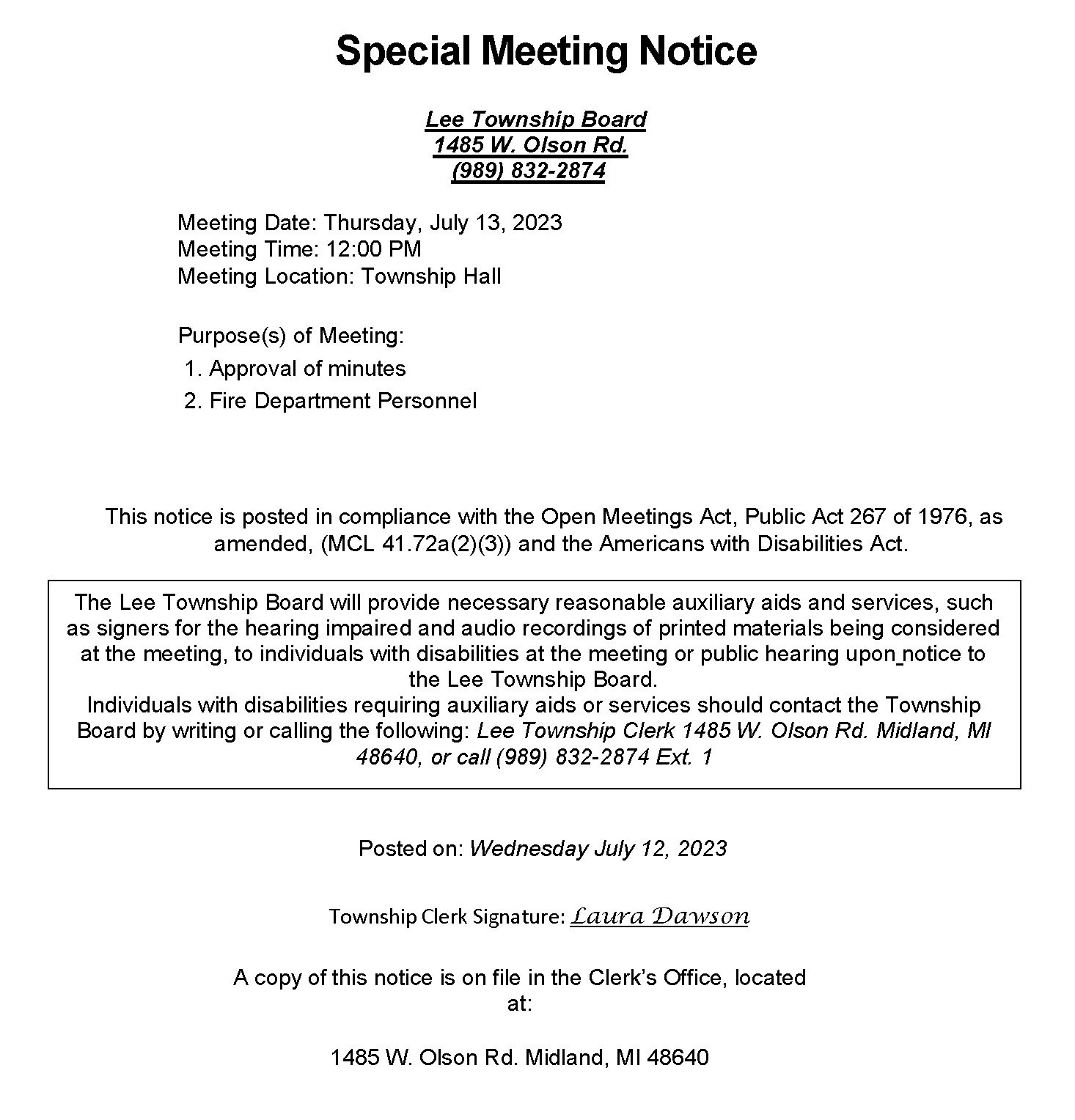 Special Meeting Notice July 14 2023