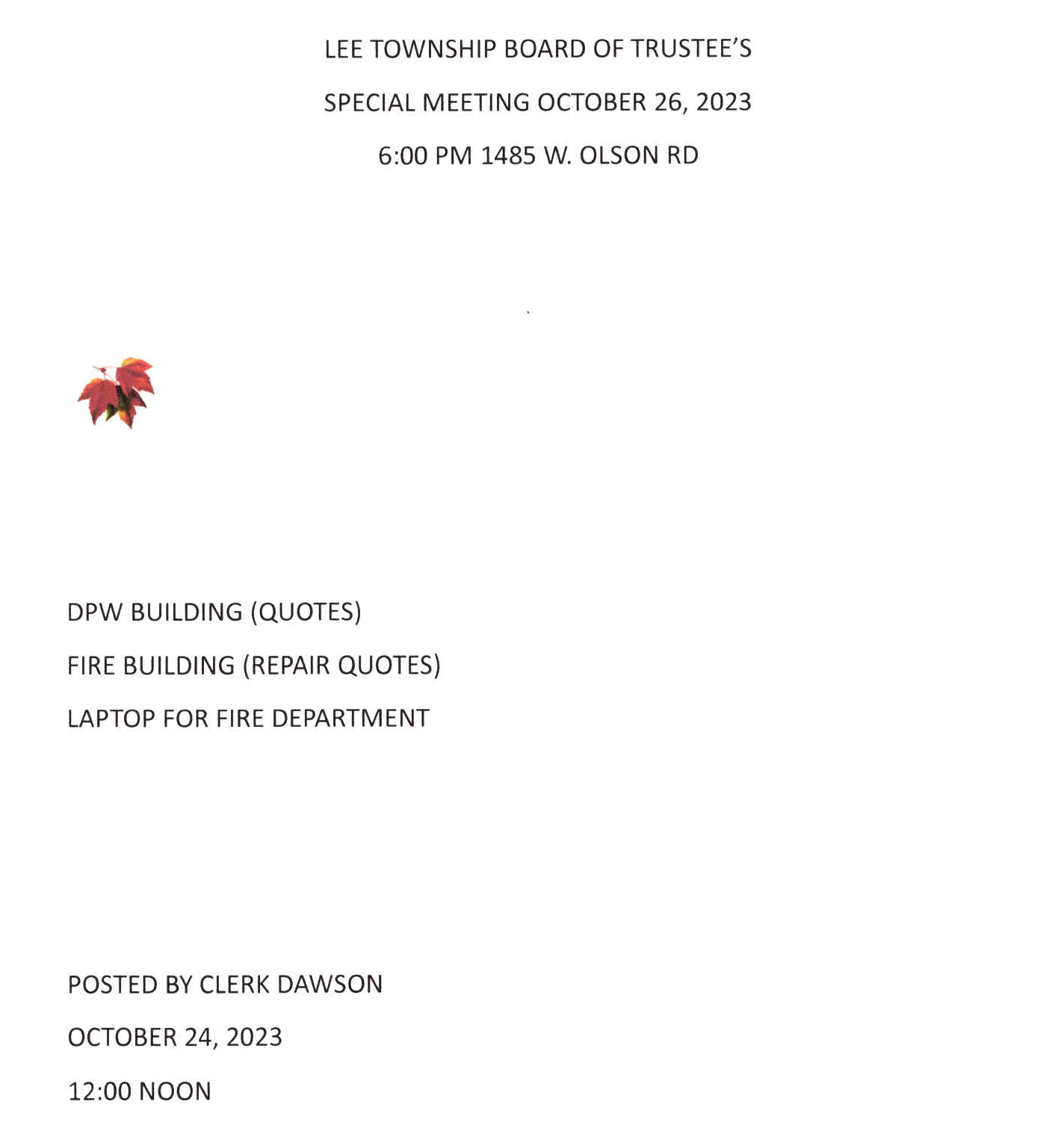 Special Meeting Notice October 26